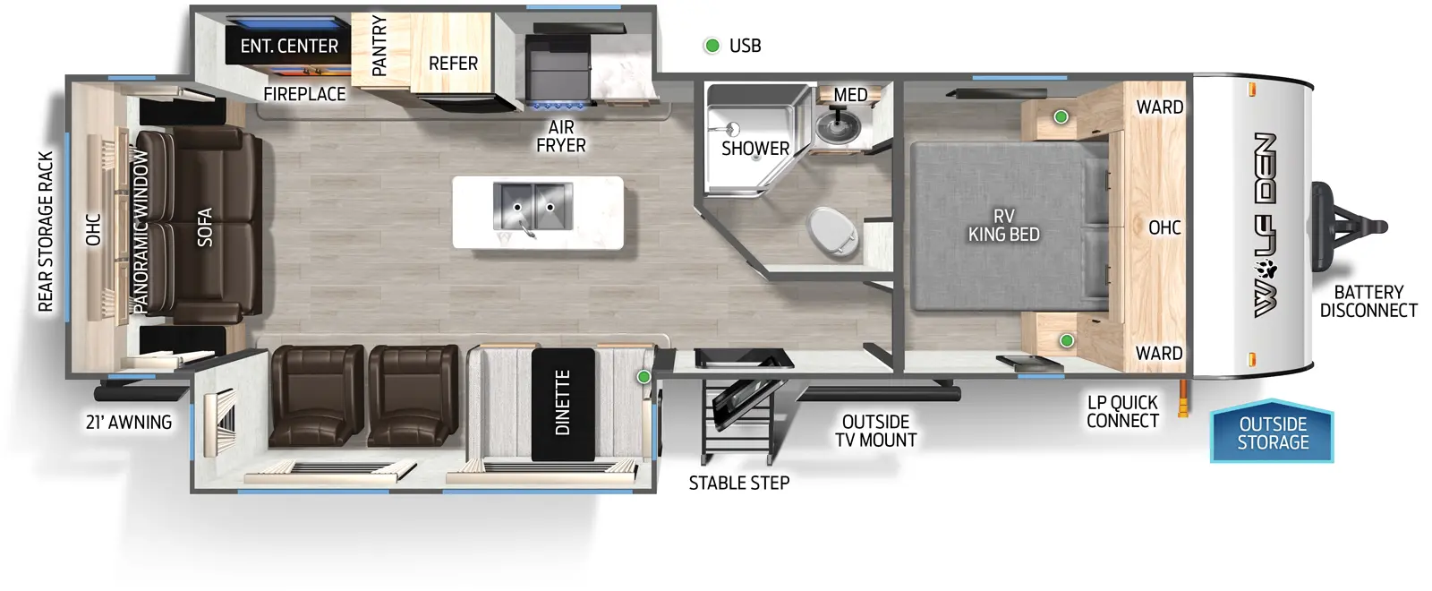 The Wolf Den 274WK floorplan has one entry and two slide outs. Exterior features include: metal exterior and 21' awning. Interiors features include: kitchen island, front bedroom and rear living.